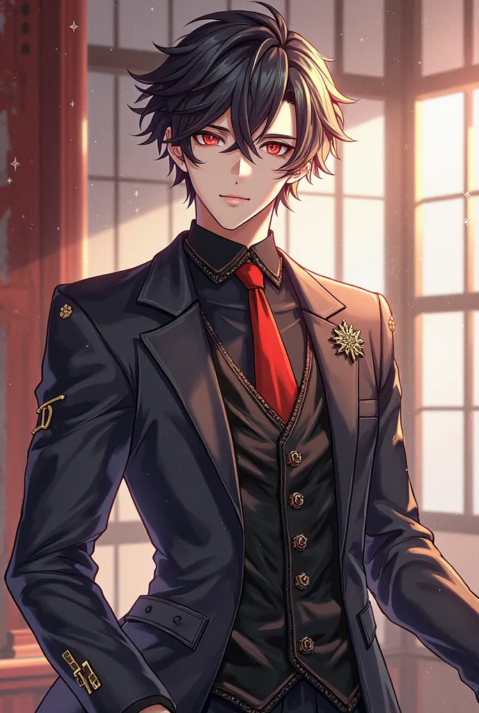 A male character inspired by Kafka from Honkai: star rail,  with short wavy hair ,  RED EYES, modern elegant Asian style clothing, cheerful expression, character with masculine features