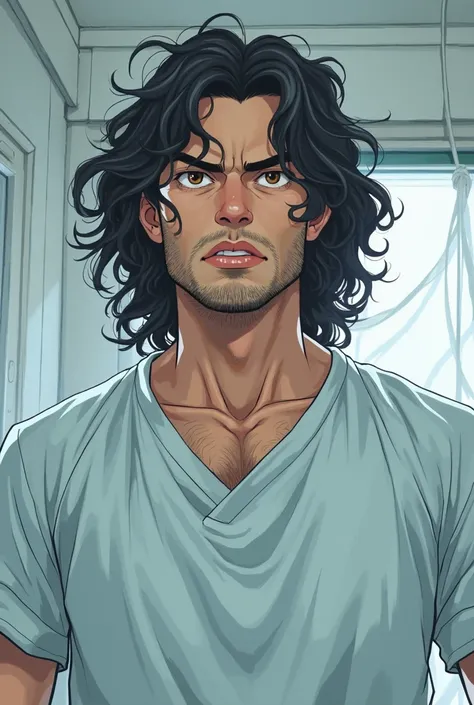 a young latino man with long wavy black hair and brown eyes, and a very short beard, is wearing a hospital gown looking angerly at his surroundings in a padded white room, dream core, adult anime art style 