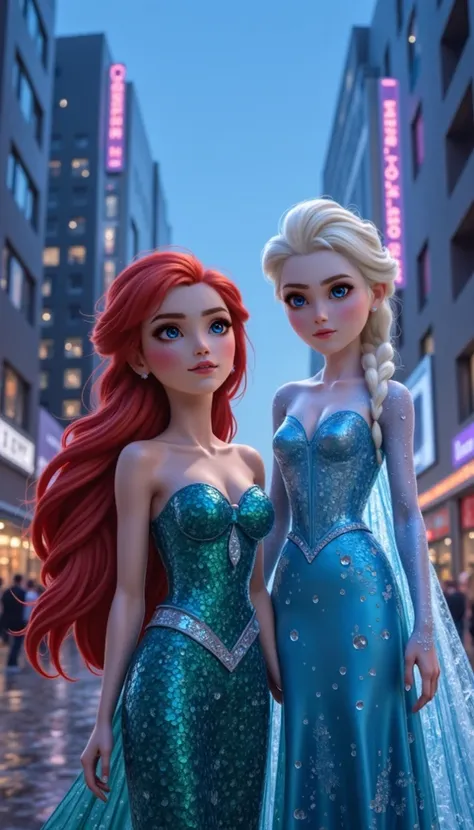 Hybrid fusion of Elsa from Frozen and Ariel"A mystical figure that unites ice and ocean. Her long hair merges platinum blonde and red, and your blue-green eyes reflect sea and snow. Her translucent blue mermaid tail seems to be made of ice, and a sparkling...