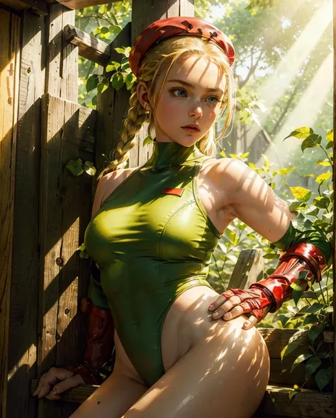 (outdoors), ((daytime:1.5)),(( young Cammy white leaning against a wooden wall, looking to side)), (((beam of yellow sunlight))), spotlight , ((green leotard)) , piercing blue eyes, blonde hair, pigtails, scar on her cheek, 1girl, braided hair, twin braids...