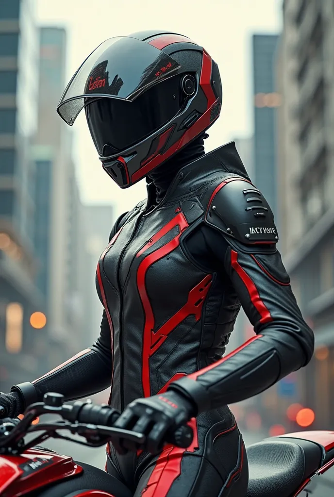 motorcycle clothing with a helmet more similar to an airplane helmet, with black, red and white colors