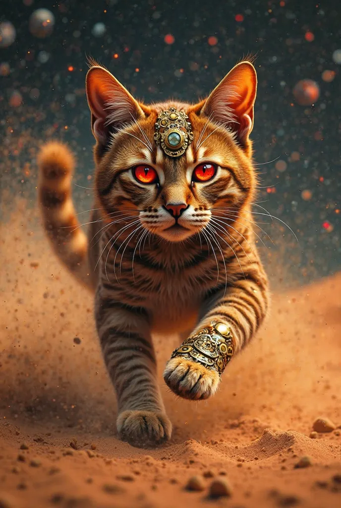  steampunk, A running cat consists of many shiny golden gears even on the face, various shades of brown, Desert, Sand, whirled sand, Fantasy Style, very realistic, Fire red eyes, sharp claws,  mystical atmosphere , At night, red stars and planets in the sk...