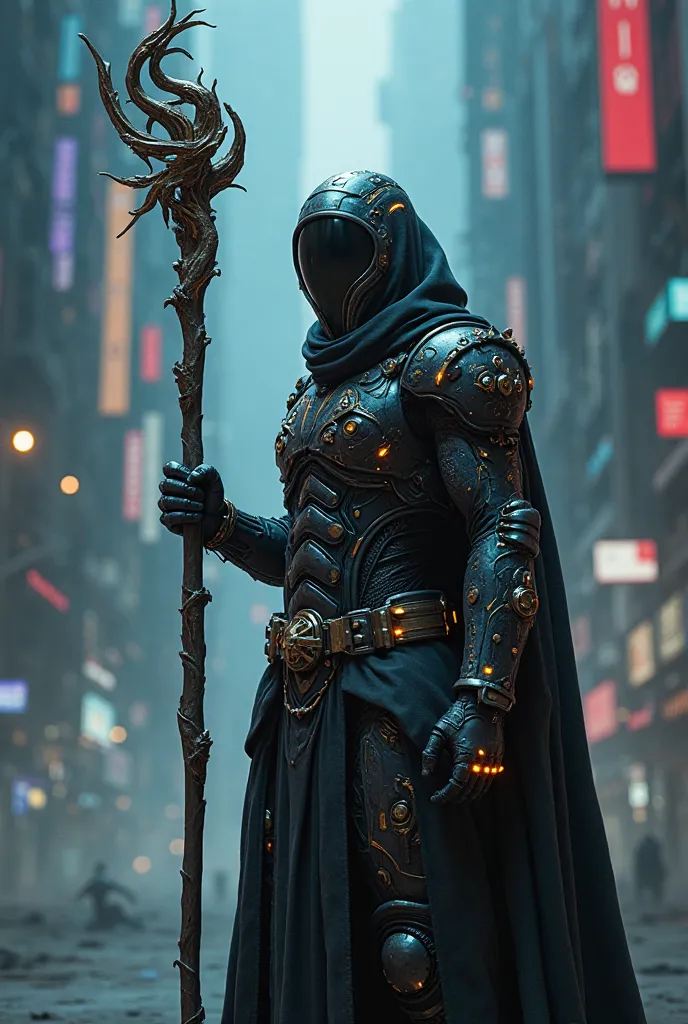 A mage clad in high tech armor, wearing a full faced helmet and holding a staff, full body, cyberpunk style, low detail