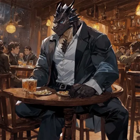 Embed:Black Dragon,  male,Black dragon scales , White chest,dark blue eyes, scar on face,Dragon Tail, Single,Trench coat,Modern casual clothes, walking on moonlight ,Cold, Tables and Chairs, Pub, By the window, indoor,night, Sitting,Look out the window, Hi...