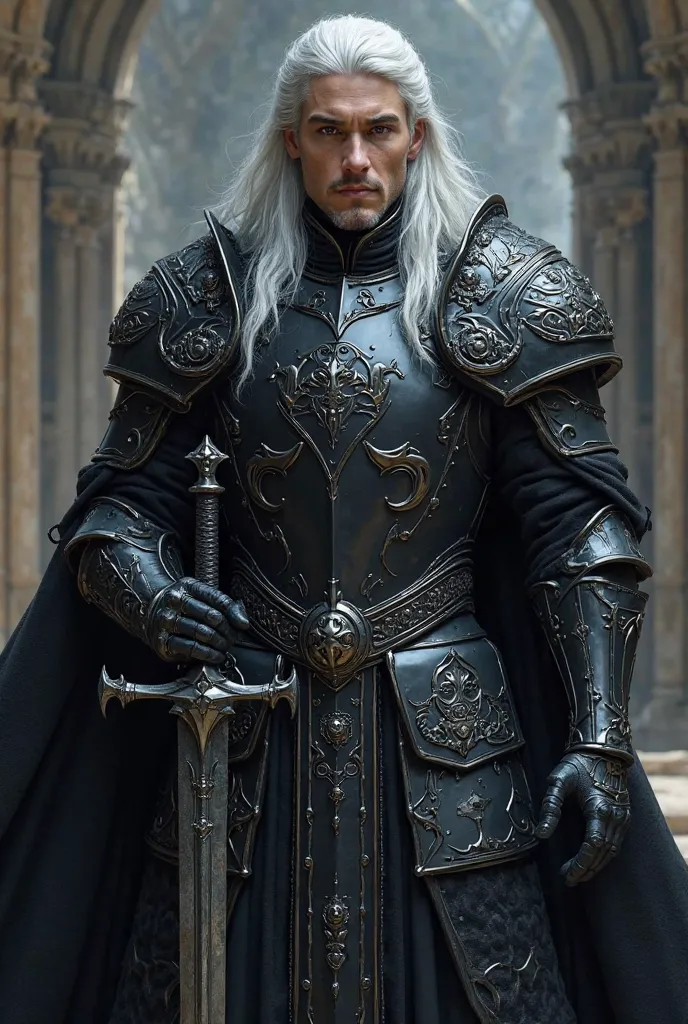 Young king with long straight and silver hair, violet eyes. Carrying an iron sword.  Egocentric , haughty and proud, in black obsidian armor 