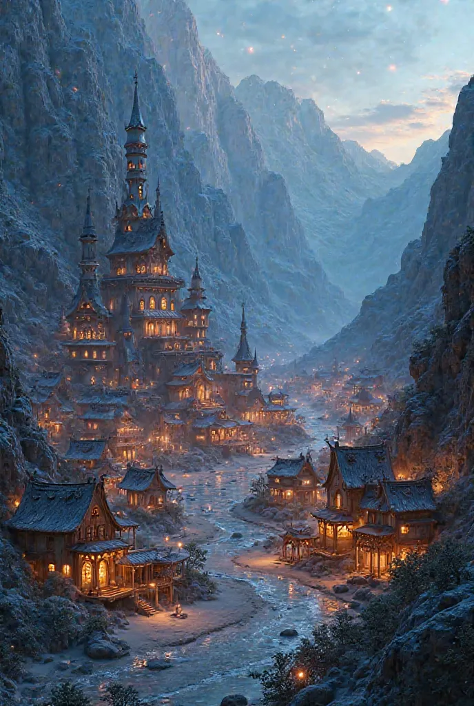 A village between two mountains in a black sand desert. It has a large palace surrounded by houses and other houses, and many lights, adding a charming elegance to the village