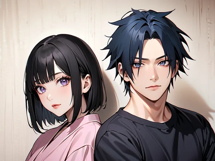 Sasuke Uchiha Adult, black hair,  black eyes, A MAN IN HIS 20S, STRONG FACE STRONG CHIN, A Hinata Hyuuga BLACK-BLUE HAIRED WOMAN, Lilac eyes IN THE 20S, dark pink lips,  Japanese couple . casual black. masterpiece. ALTA R ES.  look at the camera . face pho...