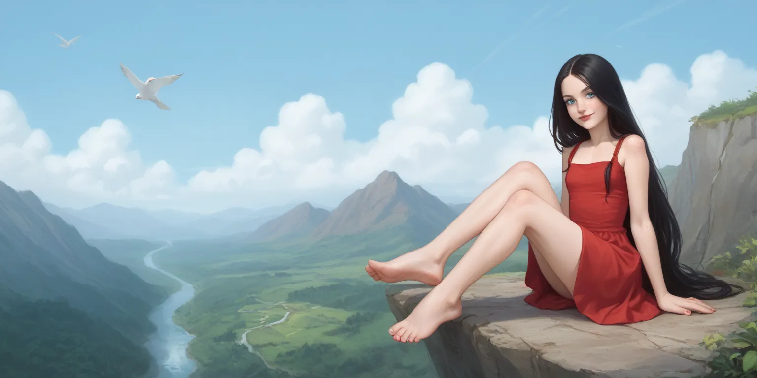 A age girl sitting on a cliff,  long red dress , straight black hair,  Very long hair, freckles, detailed ribs,  flat breasted,  Medium and pointed breasts, full body, small bare feet, red lips, eyeliner,  smile, waterfall, clouds,  blue sky, perfect nails...