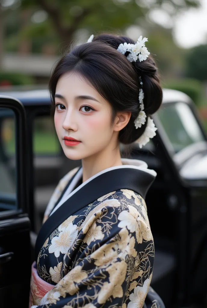  Photograph of an Asian woman with fair skin and dark hair styled in an elegant updo, adorned with a black and white floral hairpiece. She wears a traditional Japanese kimono with intricate black, gold, and white floral patterns. She stands in the open doo...