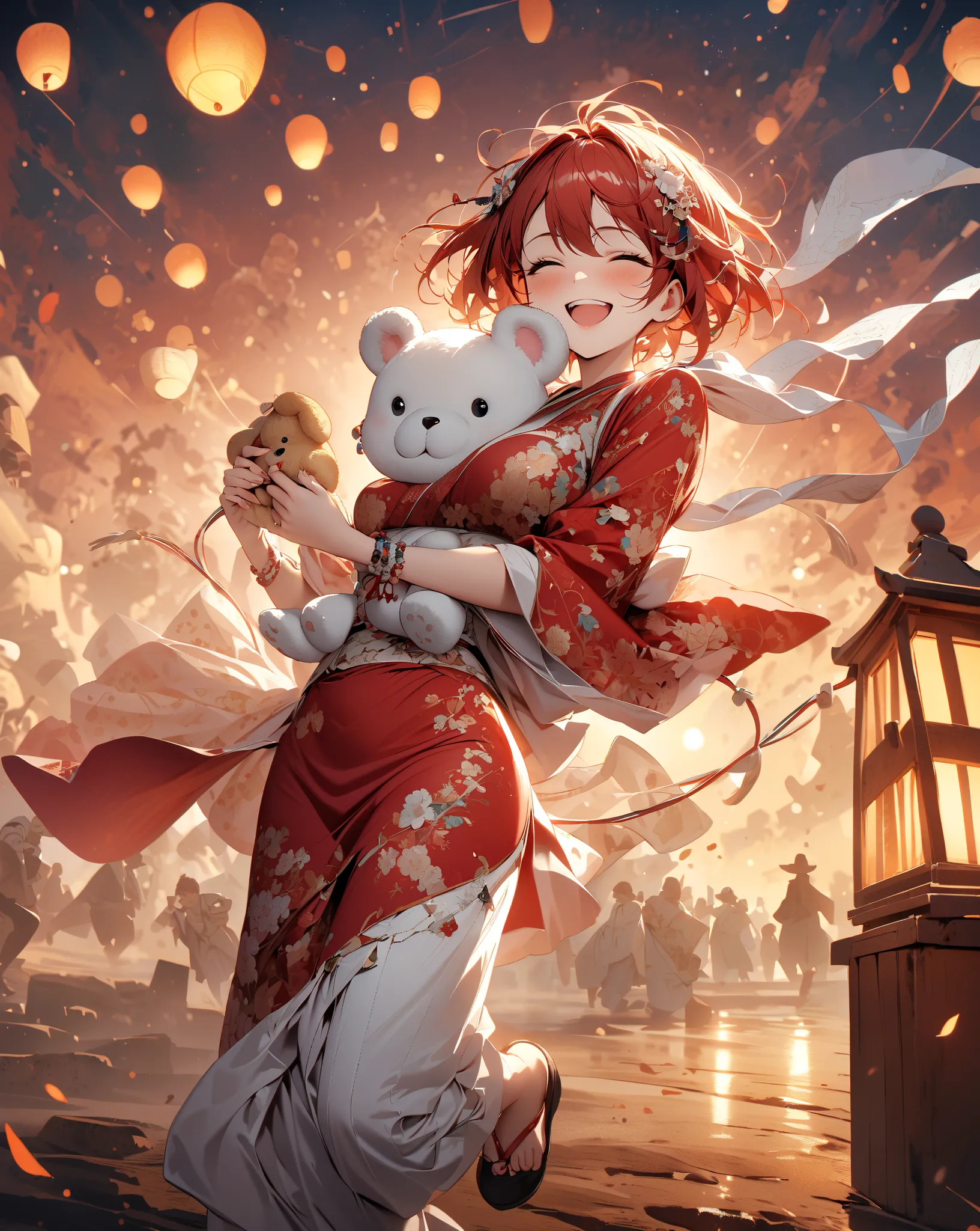 The celestial maiden dancing in the sky、 big smile 、 double teeth、 Lantern、short hair、red and white rope hair ornament、red and white kimono with a floral pattern、holding a plush polar bear、white scarf、 sunrise sky 、High Resolution, masterpiece, accurate, 