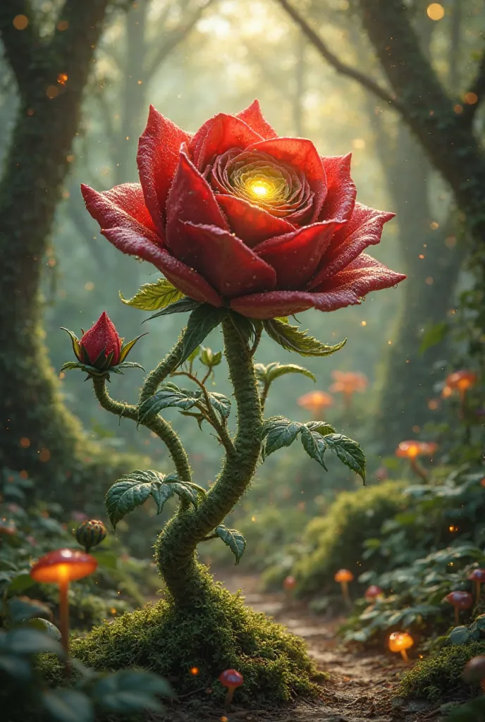 A magical and enchanted forest creature, shaped like a living rose. Its delicate face appears in the center of velvety red petals, that glow softly with dew drops reflecting the mystical light of the forest. Its large , Glowing eyes have golden and greenis...