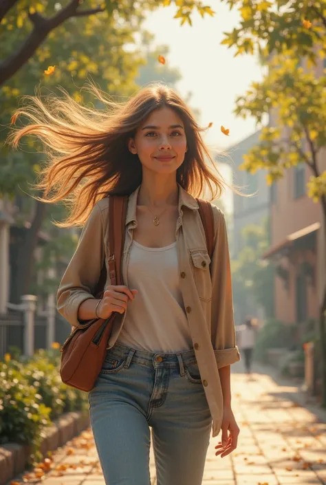 a beautiful young student girl about 20 years old with long hair flying in the wind clutching her book bag to school