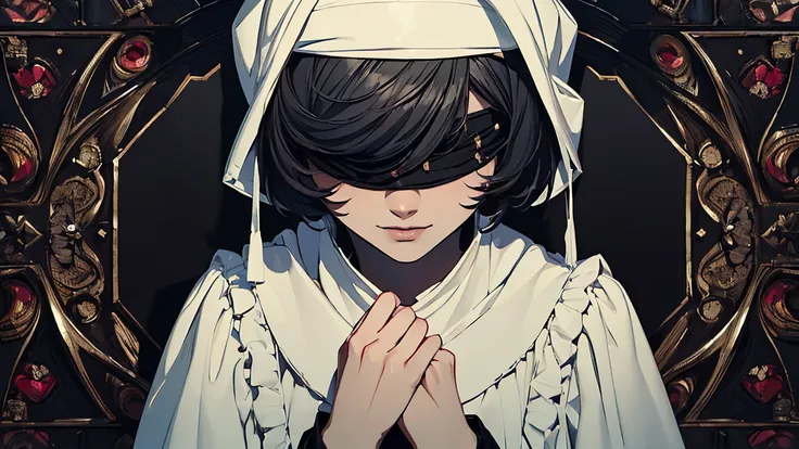 (masterpiece, top quality, Highest quality, Official Art, Beautiful artistic :1.2),
  black blindfold, alone, 1 girl,  open your mouth ,   short hair,   Long Sleeve, bangs, smile,  upper body, bandage,   shirt,
very detailed, most detailed, Optical Mixing,...