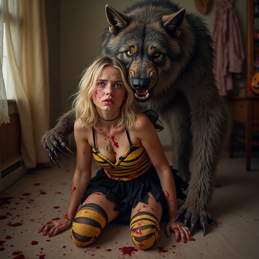 Full body view, battered and bloody 18 year old woman, glossy, crying blue eyes, quivering lip. Shoulder length blonde hair in a tussled bob. Halloween costume, dressed in a shredded bumble bee costume, yellow and black striped tank top, black frilly skirt...