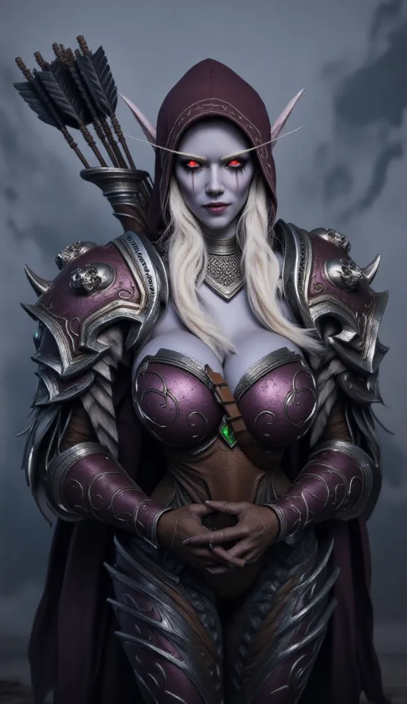 1 woman over 30 ,Elf Drow Woman,gray skin,  Warcraft character (Sylvana wind-winged), upper body,silver long hair,black cape red eyes,spout,elf ears,sponges,  Cute face , cute face, giant breasts,black-and-red tight corset with a huge front neckline,  wide...