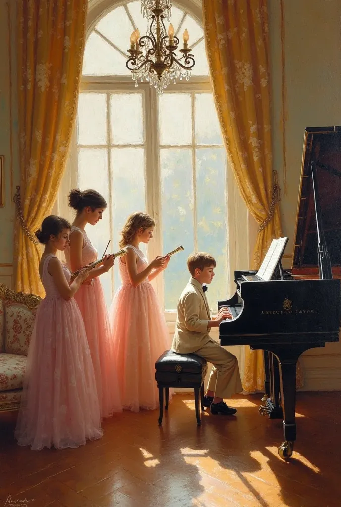 An impressionistic and romantic oil painting, depicting a classic and sophisticated scene from the 19th century or early 20th century.  in the center, a group of young aristocrats play music in an elegant room illuminated by a large window. The s wear long...