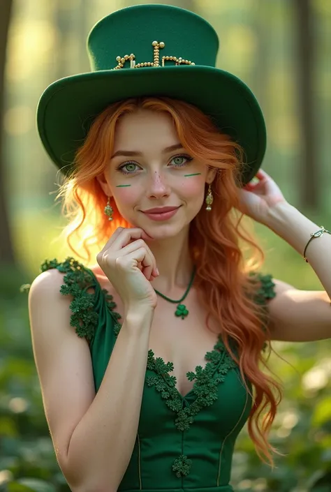 Highest quality,  professional lighting, natural light, very detailed, realistic, beautiful detail eyes,Fairytale Scene, holy. St. Patrick's Day ,1 girl, 18, cute,PALE SKIN, green eye, ginger hair,  makeup on streaks, earrings, green dress,  clover necklac...