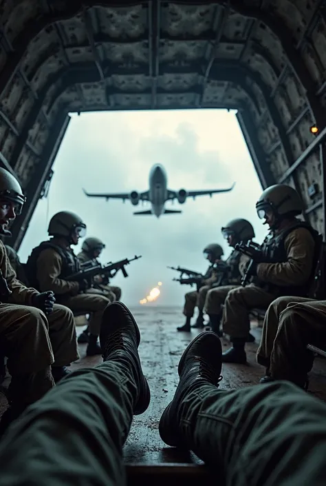 A first-person view You're sitting in a chair, Your feet wearing a black boot, wearing black, inside a military transport plane, with heavily armed soldiers sitting on the sides, holding rifles and wearing tactical uniforms. The plane is open at the back, ...