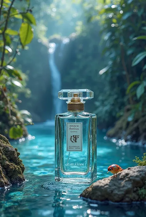 Imaginons une bouteille de parfum portant l\'initial NF Nacima Fennouh au milieu d\'un paysage naturel exotique de rêve avec des chutes d\'eau et des mouettes autour, dans un décor naturel exotique avec des couleurs bleu azur dominante.