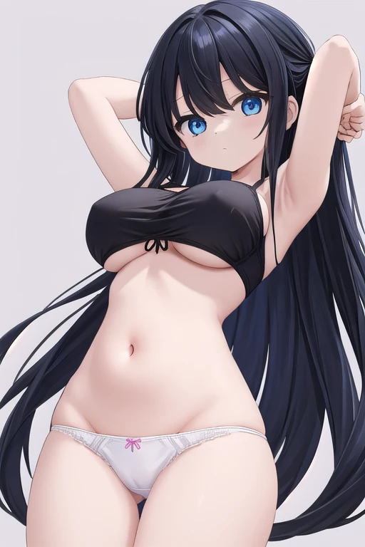  shirt, belly button,  panties, white  panties, viewers,  under the arm,  arms raised, wavy hair, Halterbra, Chest, big breasts, underwear,  long hair,  blue eyes, simple background, Alone,   black hair, very  long hair, 1 girl、 black hairロングヘアー,big breast...