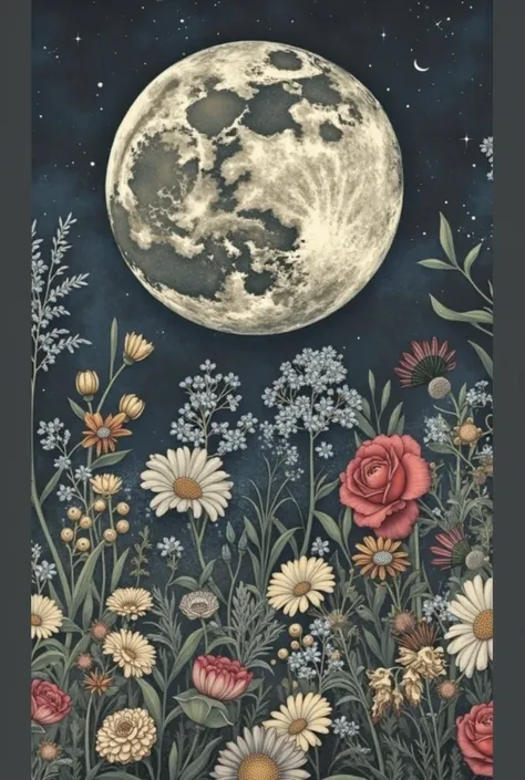 Please make the whole picture vintage-like, shrink the moon a little, and expand the range of the flowers a little.