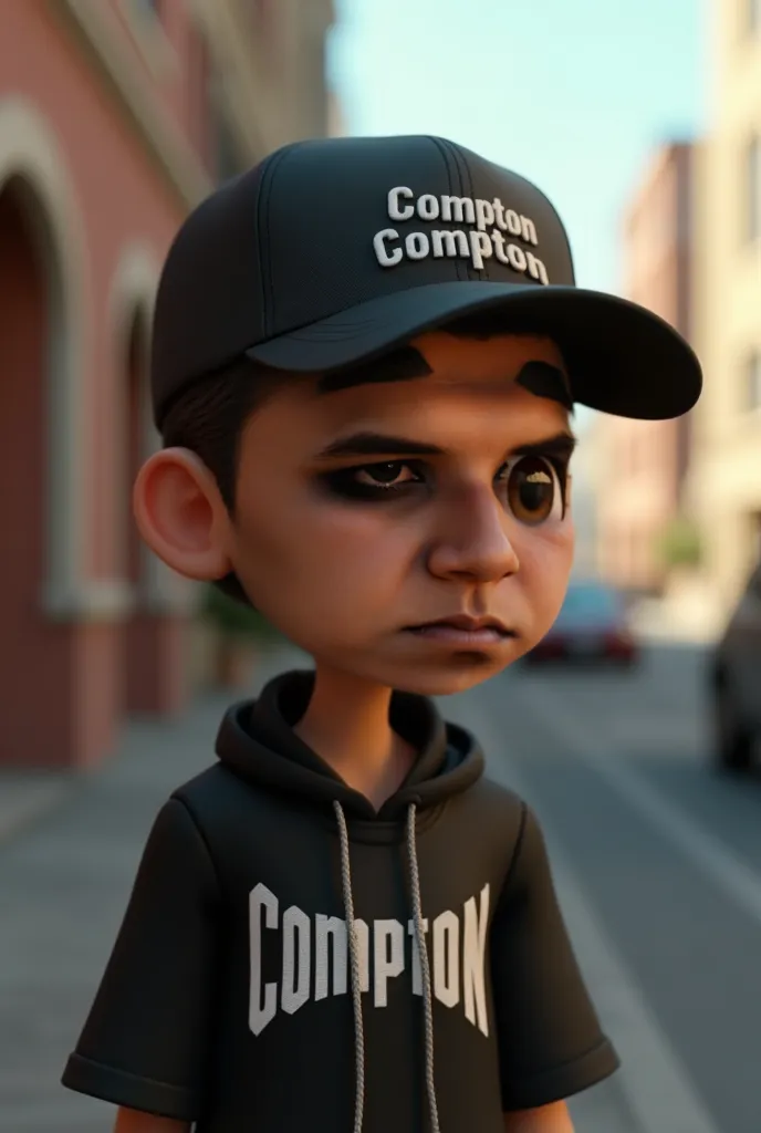 Transfer this real image to an animated one just as it is there, Add a black baseball cap with the word COMPTON