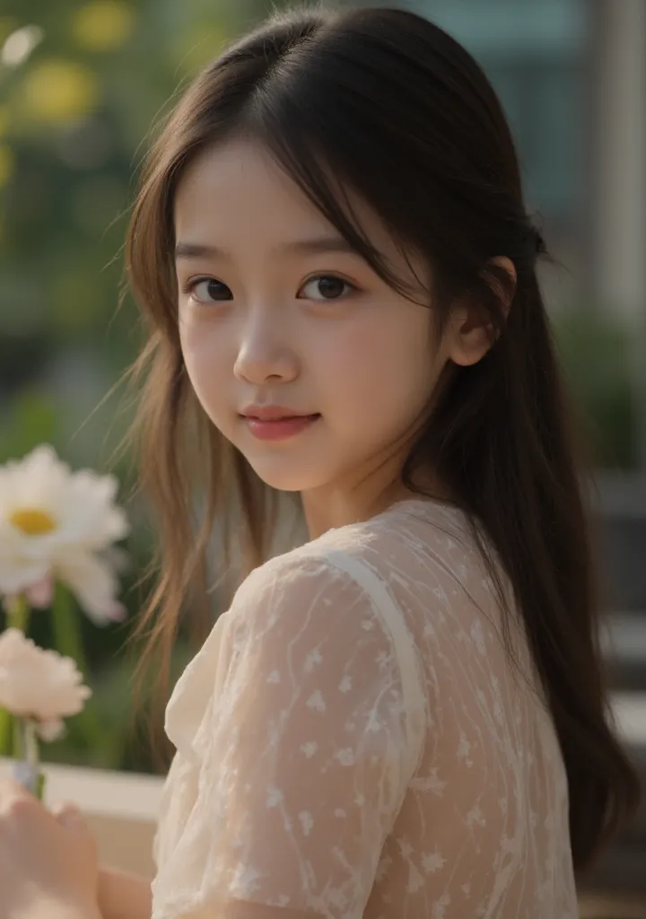 Little one girl, An elementary schooler, 4th grader, pretty, cute, charming, shy smile, bitch girl, age 9, adorable, juvenile physique, (baby face), Masterpiece, 8K, UHD, looking at viewer, (from side), small chest, sheer fabric