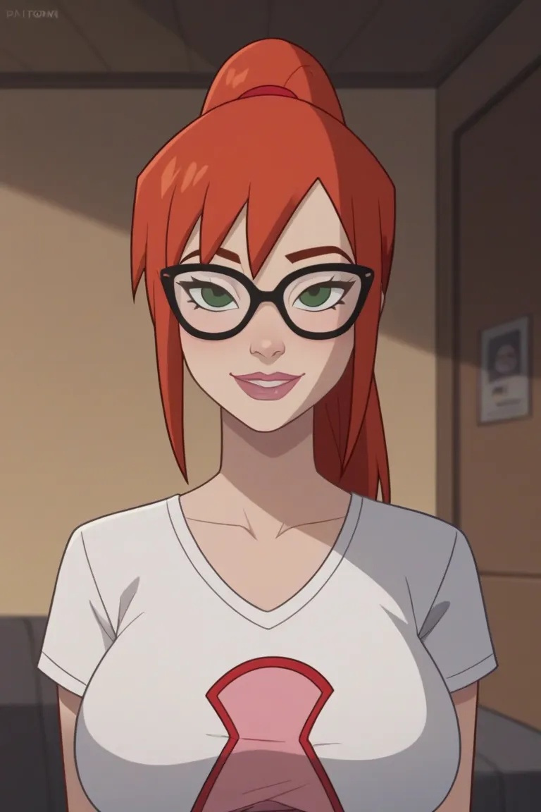 2D, source_cartoon, score_9, score_8_up, score_7_up, score_6_up, score_5_up, score_4_up, BREAK, 1 girl, Mary Jane, alone, Marvel, ponytail, seductive eyes, smile, taut white t-shirt, miniskirt, extremely massive breasts, busty, slim, cat-eye glasses, looki...