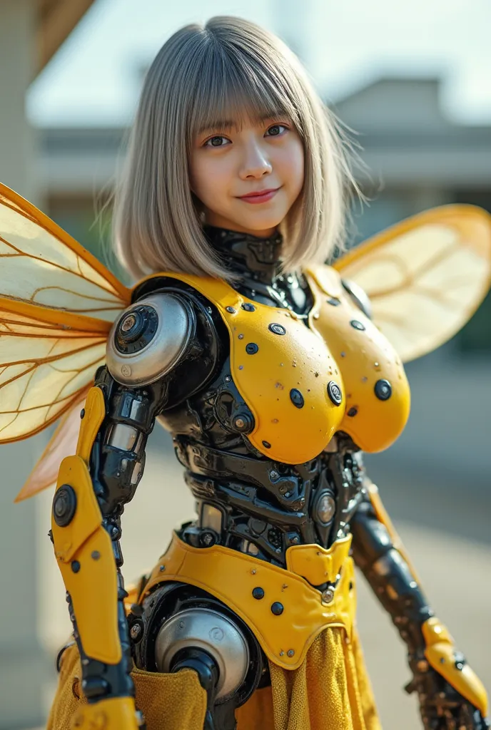 Insect-type Cyborg Girl, (top-quality:1.2, masterpiece), ultra-high resolution, ultimately surrealism, (Photorealsitic:1.4), (Like a queen bee (mechanical:1.4), (armor:1.1)), mechanical large wings, Yellow and black porcelain body resembling a wasp, mechan...