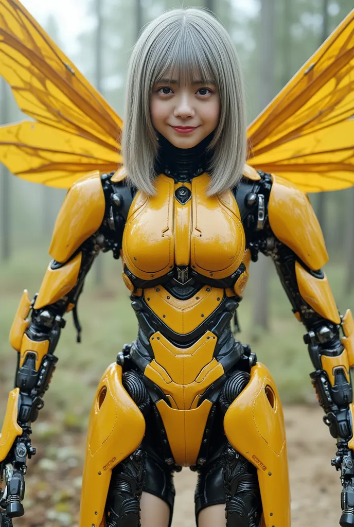 Insect-type Cyborg Girl, (top-quality:1.2, masterpiece), ultra-high resolution, ultimately surrealism, (Photorealsitic:1.4), (Like a queen bee (mechanical:1.4), (armor:1.1)), mechanical large wings, Yellow and black porcelain body resembling a wasp, mechan...