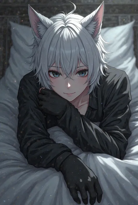 Create an anime character with black eyes, white hair, wolf ears, a male in the bedroom. The face looks boring, the world has one black arm.