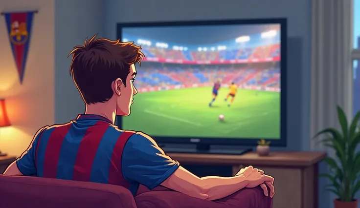 Create a cartoon of a young man in FC Barcelona uniform watching an FC Barcelona game on television 