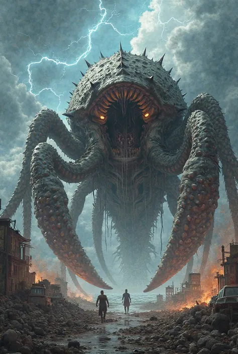 A digital art image depicting a colossal, hybrid sea monster stalking across a devastated coastal landscape. The creature is a terrifying fusion of a giant crab and a giant octopus, with a massive, armored exoskeleton covered in sharp spines and a multitud...