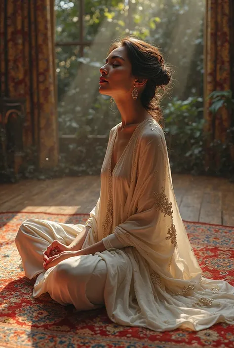 A woman in a bisma amir dress on a Persian carpet meditating 