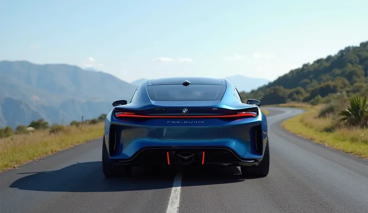 A close back view of a blue 2025 BMW M9 standing on a road