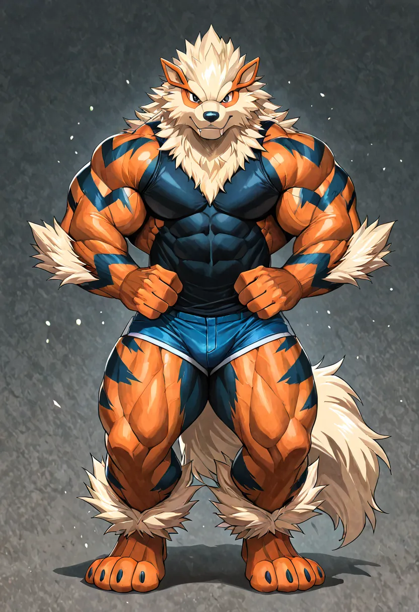 Arcanine, big muscle, standing, full body, toes, short shorts