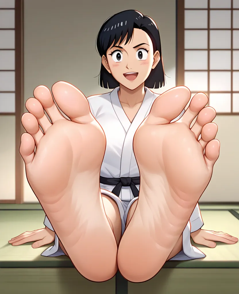 yawara, smiling, blush, sitting, black eyes, showing two feet soles, Foreshortening, feet soles in foreground, wide neckline, naked, nude, moaning expression, white bra, busty, big , karate shirt, karate gi, karate long black belt, dojo interior, risen leg...