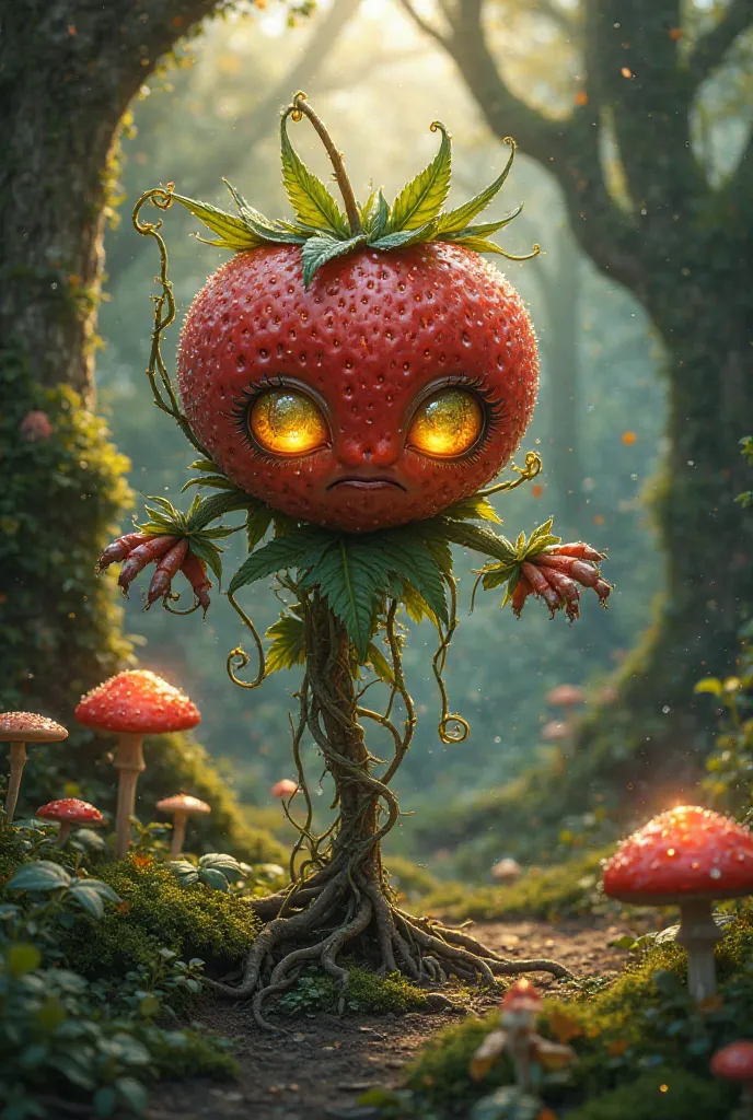 A magical and enchanted forest creature, shaped like a live strawberry. Its delicate face appears in the center of velvety red petals, that glow softly with dew drops reflecting the mystical light of the forest. Its large , Glowing eyes have golden and gre...