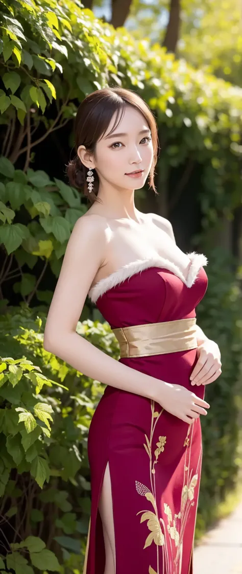  masterpiece,  graceful mature woman with shiny red eyes, Riho Yoshioka,  beautiful face, detailed faces,beautiful eyes, detailed nose and lips, smiles, Slender Woman, medium breasts,thin waist, thin legs,(Long fur coat), (wearing a Chinese dress), dress o...