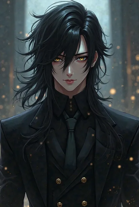 Ode Eye with long black hair, handsome man in black clothes, looks like an anime