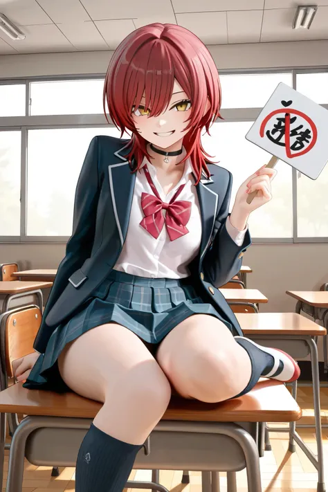 NSFW,masterpiece,Highest quality,High Resolution,very detailed, boyish girl,high school girl, red hair ,medium hair,wolf cut,stupid hair,with golden eyes,choker,uniform,ribbons,miniskirt,チェックのminiskirt,knee socks,Indoor shoes, Smile,schools,classroom,Sitti...