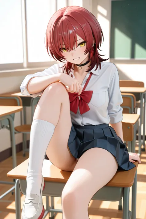 NSFW,masterpiece,Highest quality,High Resolution,very detailed, boyish girl,high school girl, red hair ,medium hair,wolf cut,stupid hair,with golden eyes,choker,uniform,ribbons,miniskirt,チェックのminiskirt,knee socks,Indoor shoes, Smile,schools,classroom,Sitti...