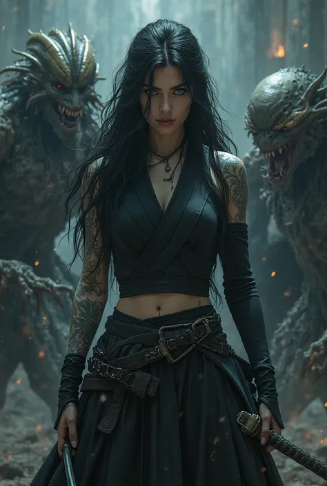 Woman with long black hair, Caucasian skin, blue colored eyes, tattooed, powerful woman, with a black, well-behaved men&#39;s outfit. She is fighting monsters with a katana.