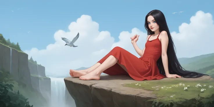 A age girl sitting on a cliff, long red dress , straight black hair, Very long hair, freckles, detailed ribs, flat breasted, Medium and pointed breasts, full body, small bare feet, red lips, eyeliner, smile, waterfall, clouds, blue sky, perfect nails...