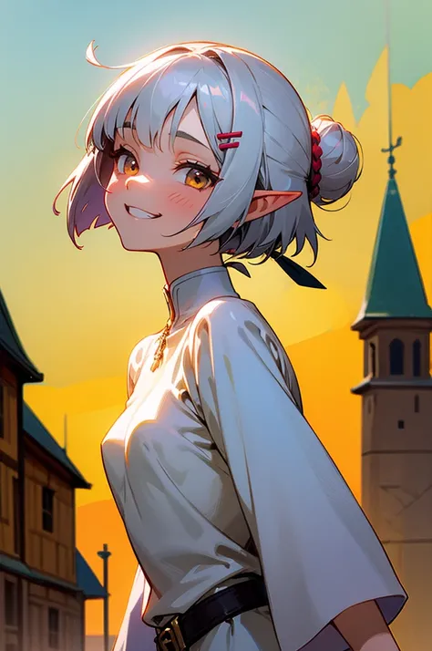 １girl、small breasts、angelic face, goblin, elf ears hair, Short hairstyles for silver hair and bob、Hair tied up in a bun with a hair clip、Shining pink round eyes, cute, yellow peasant tunic, Medieval, Medieval city background, bust portrait neck up, grin、Fr...