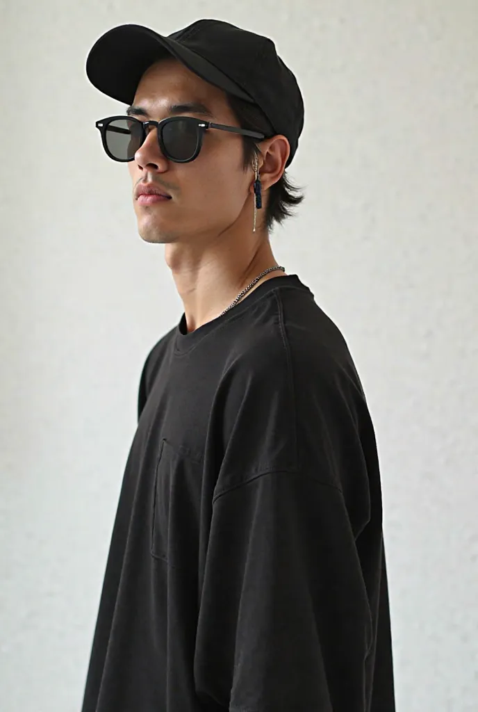 (Masterpeace, high quality, High resolution, realistic photo, photography), young man without bread and two block style hair wearing black cotton cap, thin circle sunglasses and black oversize t shirt making style and turn away from camera on in the bright...