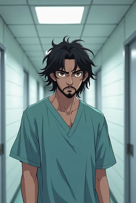 a young latino man with long wavy black hair and brown eyes, and a very short beard, is wearing a hospital gown looking angerly at his surroundings in a padded white room, dream core, adult anime art style 