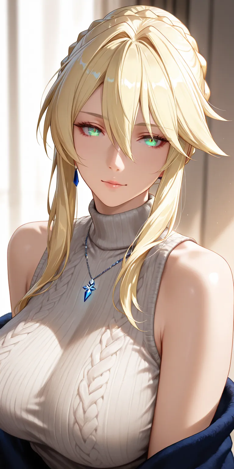 Masterpiece, very aesthetic, vibrant, high contrast, high resolution, ultra detailed, elegant mature woman, artoria pendragon (lancer) (fate), curvaceous, sleeveless sweater, soft light, best quality, honkai: star rail cg style, upper body, semrealistic 