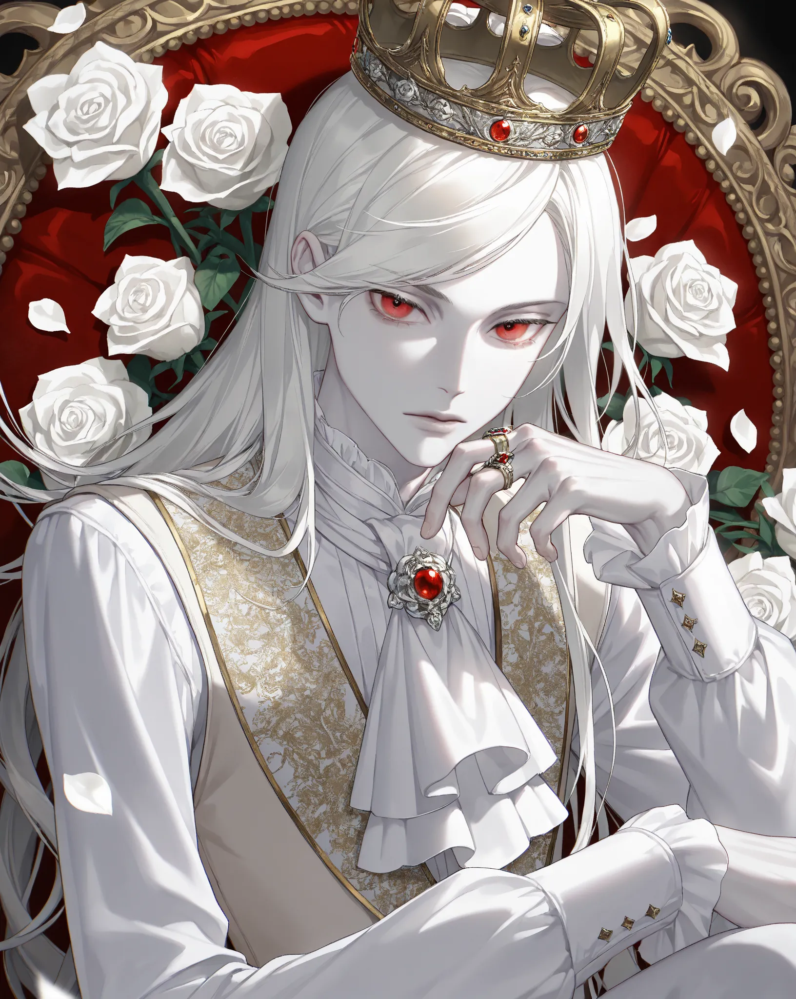 solo, long hair, looking at viewer, long sleeves,bishounen,skinny,lips,portrait,swept bangs, 1boy, red eyes, jewelry, sitting, white shirt, upper body, white hair, male focus, vest, ascot, petals, white nobility clothes, ring, white flower, crown, pale ski...