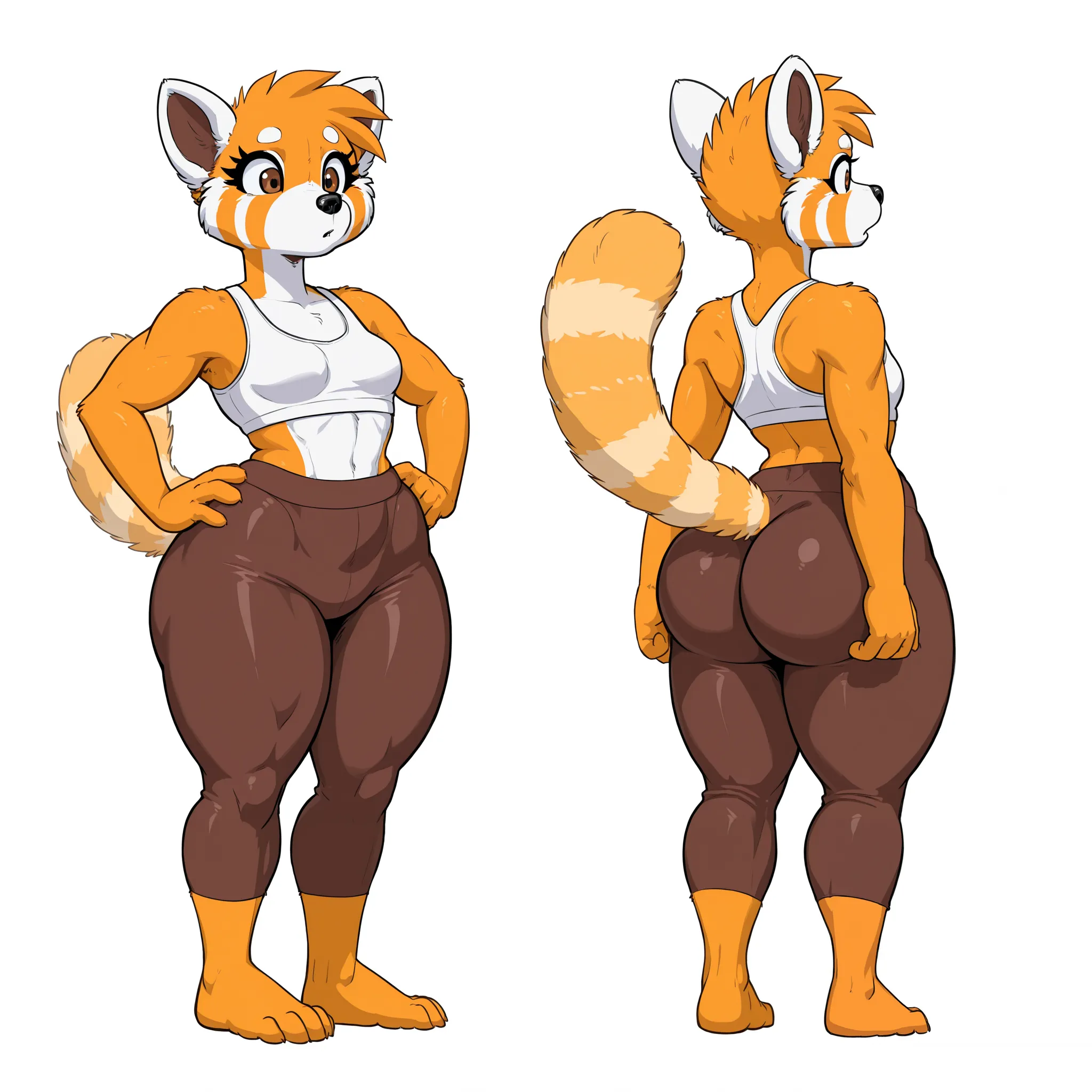 Anthro red panda, 1girl, solo, small breasts, short hair, big eyes, big eyelashes, glossy fur, light orange fur, black eyeliner, narrow shoulders, simple background, brown eyes, huge hips, thick thighs, white sports bra, brown yoga pants, simple background...